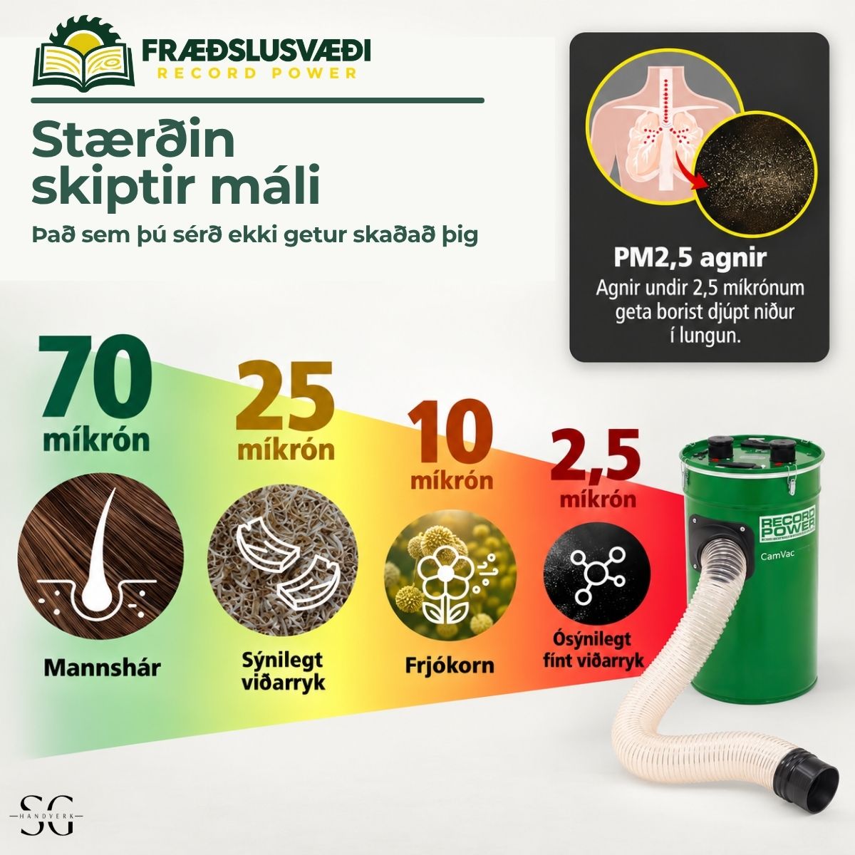 Stærð viðarryks í míkrónum – það sem þú sérð ekki getur skaðað þig. Myndin sýnir mikilvægi öflugs ryksogskerfis.