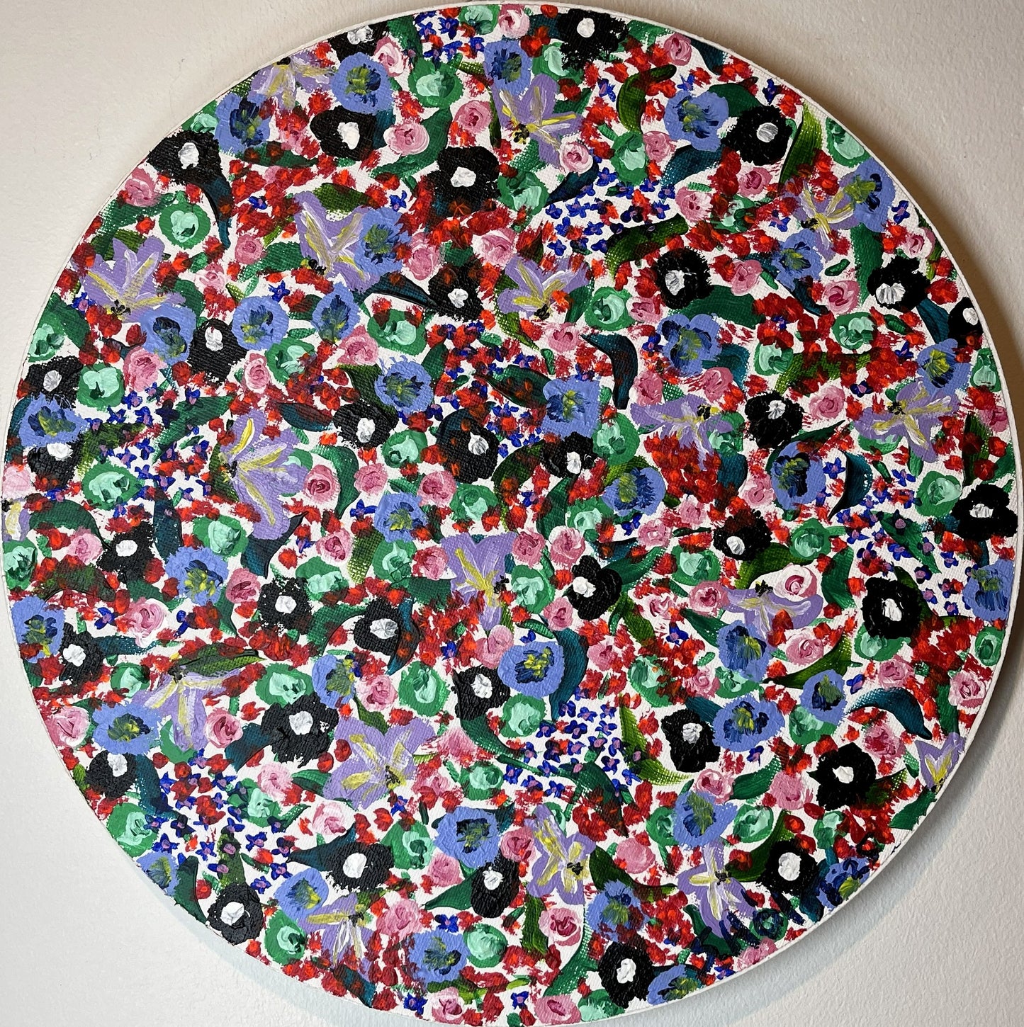 Blómadúlla 3 - Rauða - 2025, akrýl á flötum striga 30 sm. í þvermál