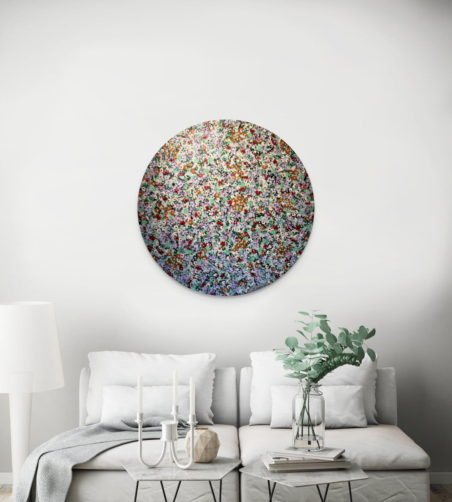 Blómahaf - 2025, akrýl á striga. 90 sm í þvermál.